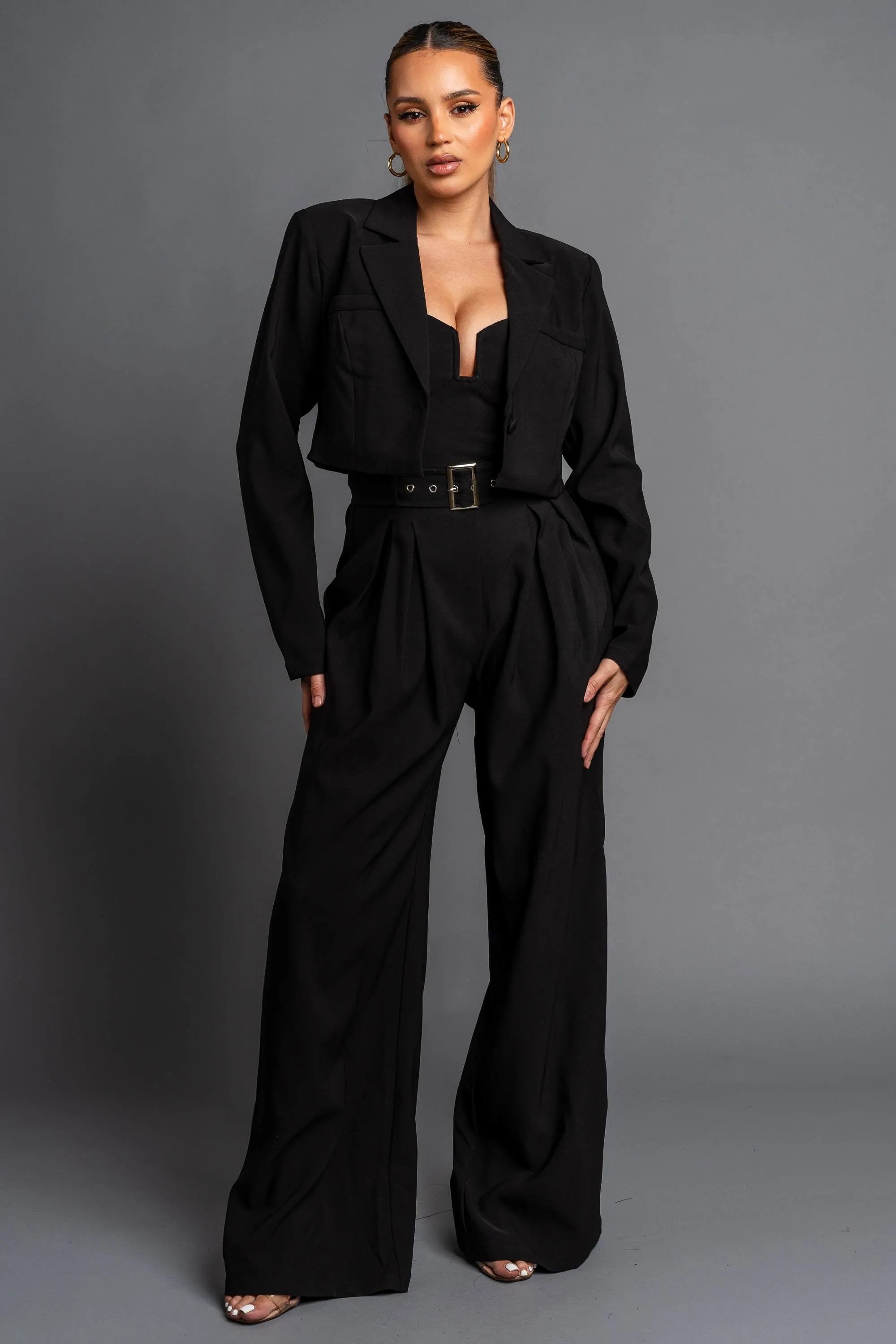 CHIC TWILL STRETCH CROPPED BLAZER & JUMPSUIT SET