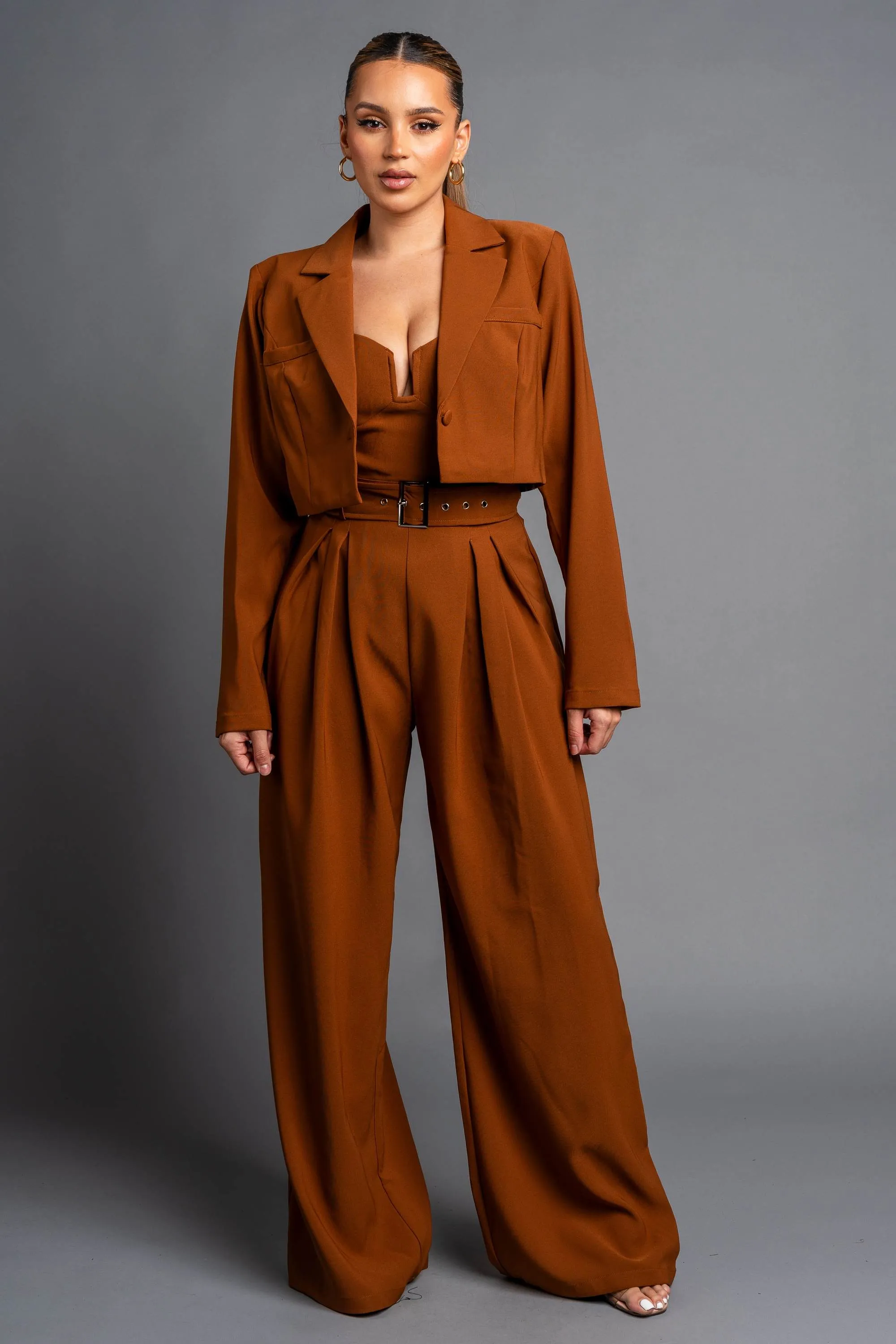 CHIC TWILL STRETCH CROPPED BLAZER & JUMPSUIT SET