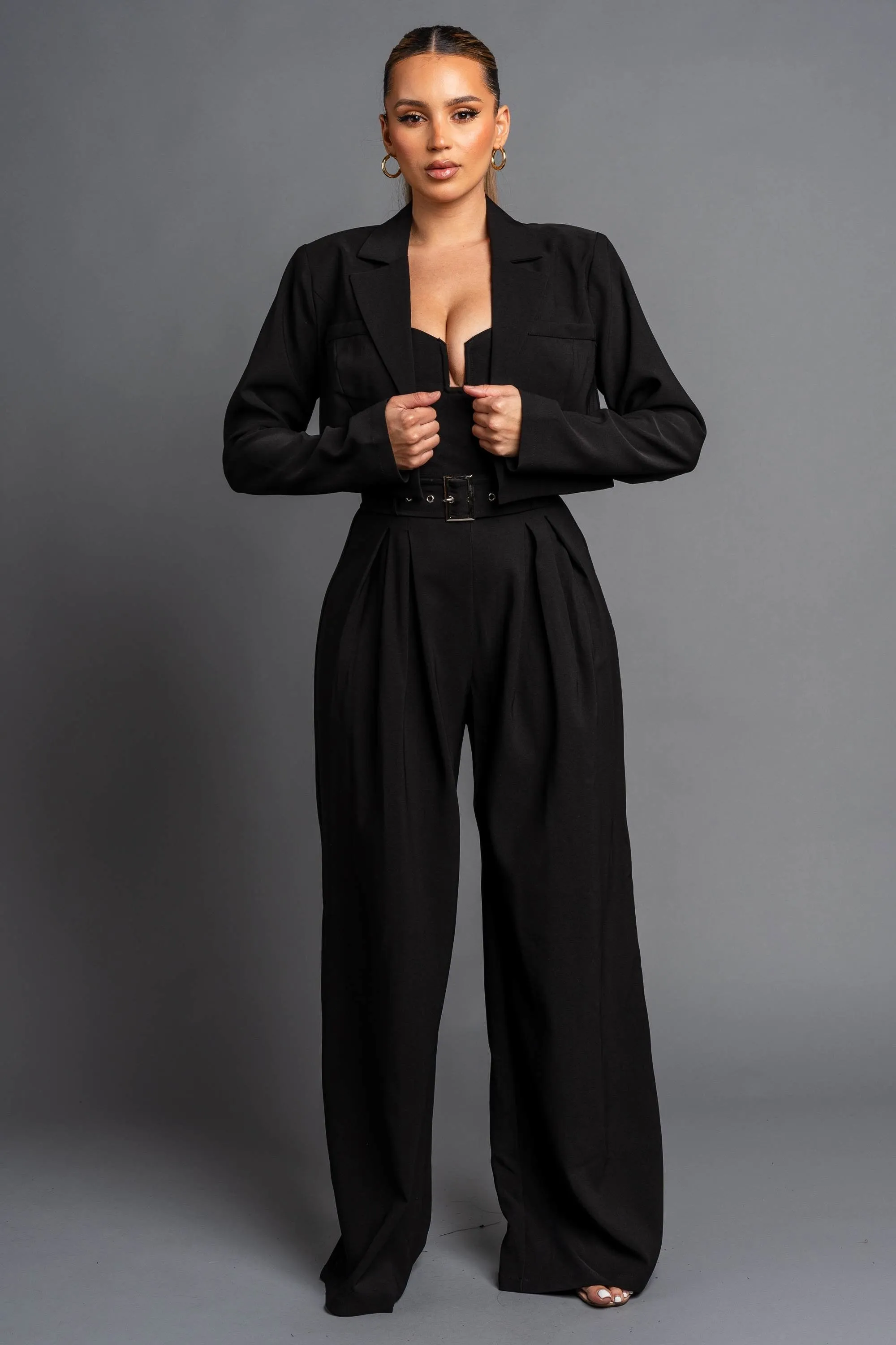 CHIC TWILL STRETCH CROPPED BLAZER & JUMPSUIT SET