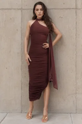 Chocolate Luxe Mesh Asymmetric Back Draped Ruched Midi Dress