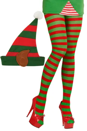 Christmas Red Green Striped Tights Elf Hat W/Ears Xmas Party Fancy Dress Set