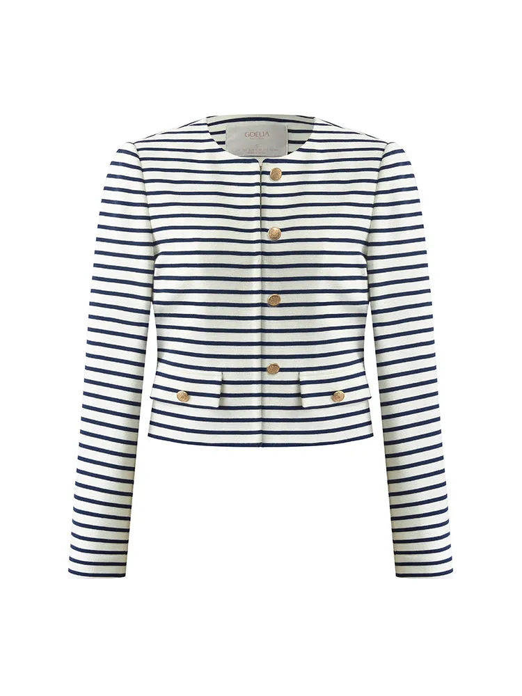 Cotton Striped Single-Breasted Women Crop Jacket