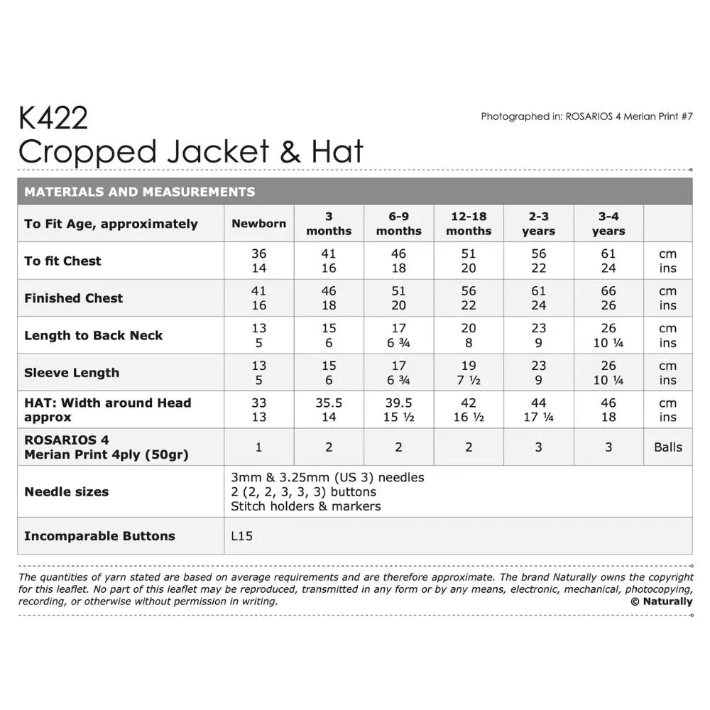 Cropped Jacket & Hat Knitting Pattern (K422)