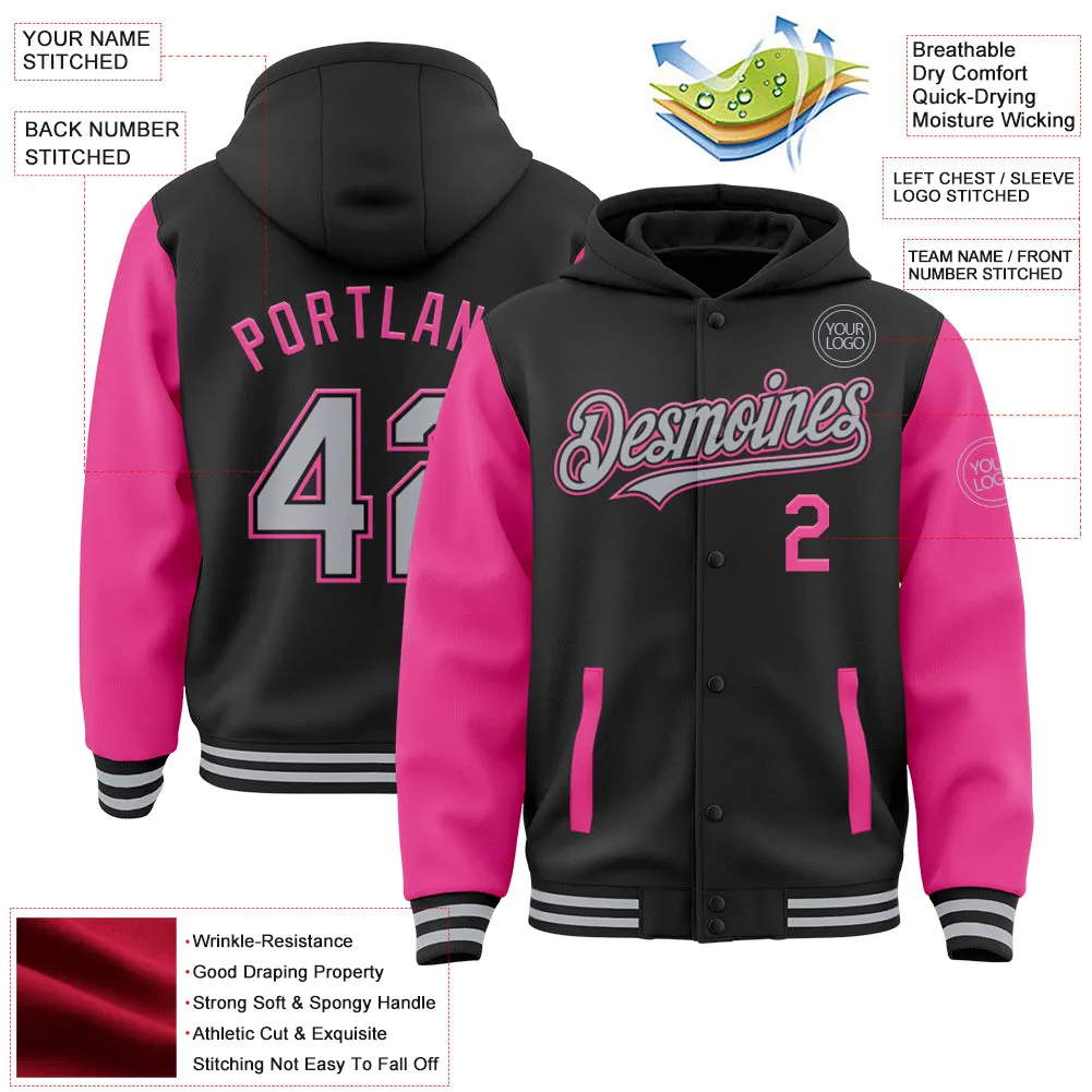 Custom Black Gray-Pink Bomber Full-Snap Varsity Letterman Two Tone Hoodie Jacket