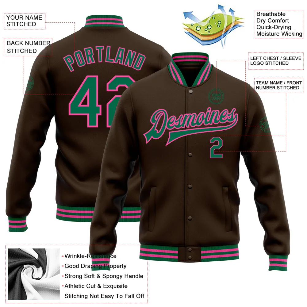 Custom Brown Kelly Green-Pink Bomber Full-Snap Varsity Letterman Jacket