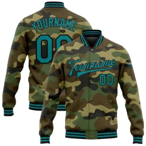 Custom Camo Teal-Black Bomber Full-Snap Varsity Letterman Salute To Service Jacket