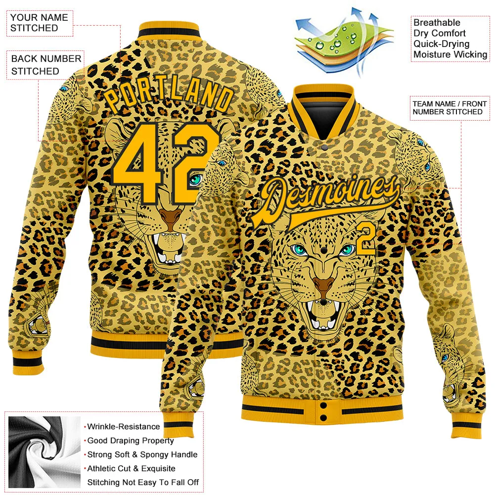 Custom Gold Black Leopard 3D Pattern Design Bomber Full-Snap Varsity Letterman Jacket