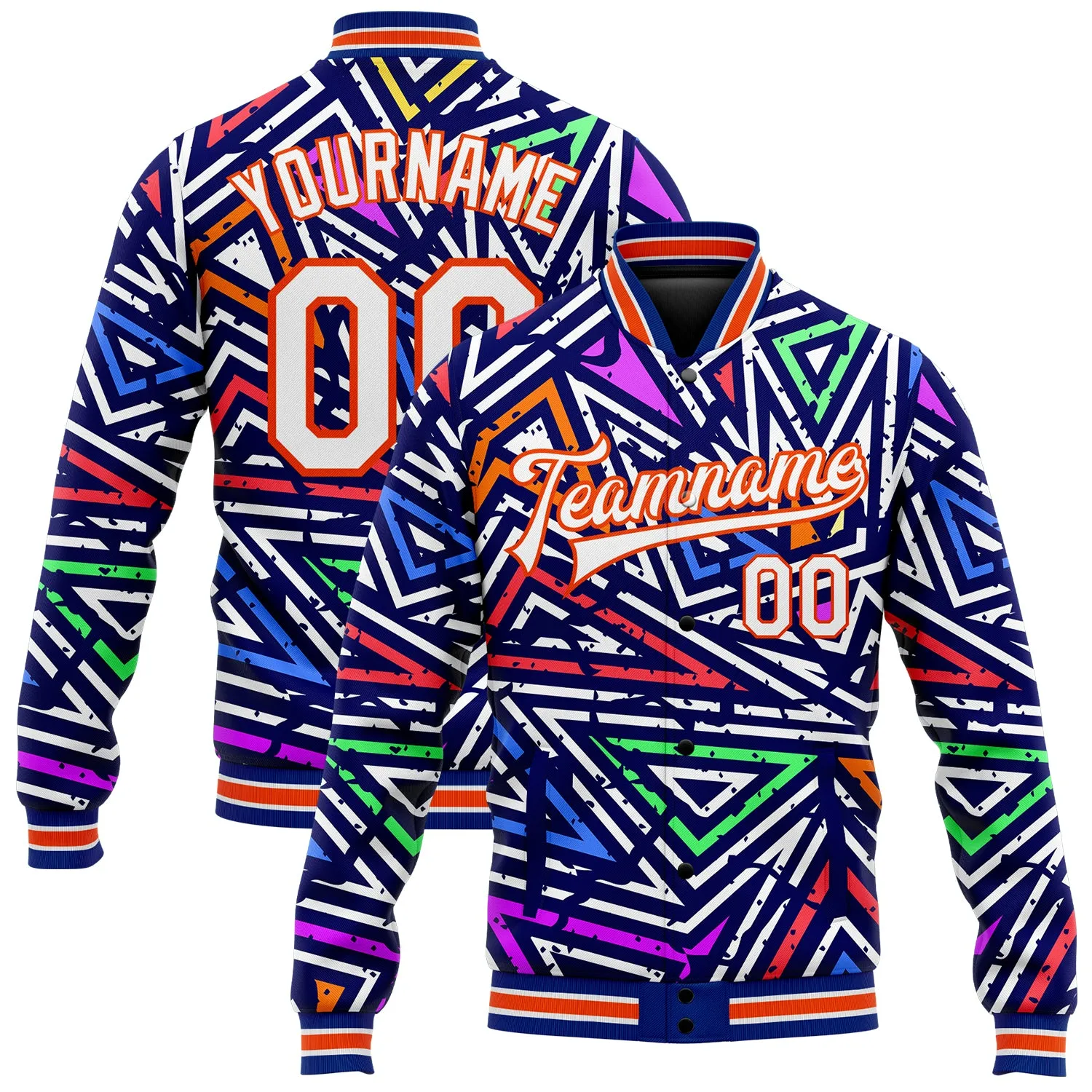 Custom Graffiti Pattern White-Orange Abstract Geometric Grunge Urban Street Art 3D Bomber Full-Snap Varsity Letterman Jacket