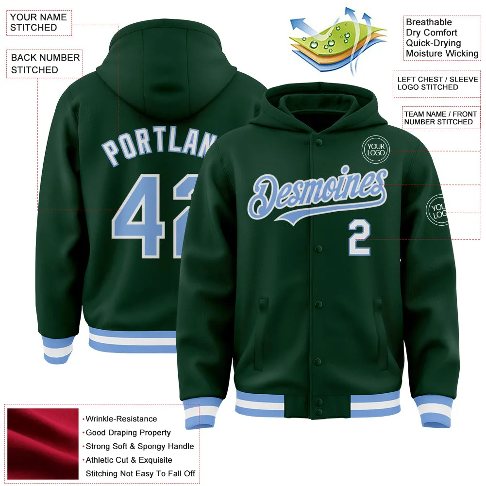 Custom Green Light Blue-White Bomber Full-Snap Varsity Letterman Hoodie Jacket