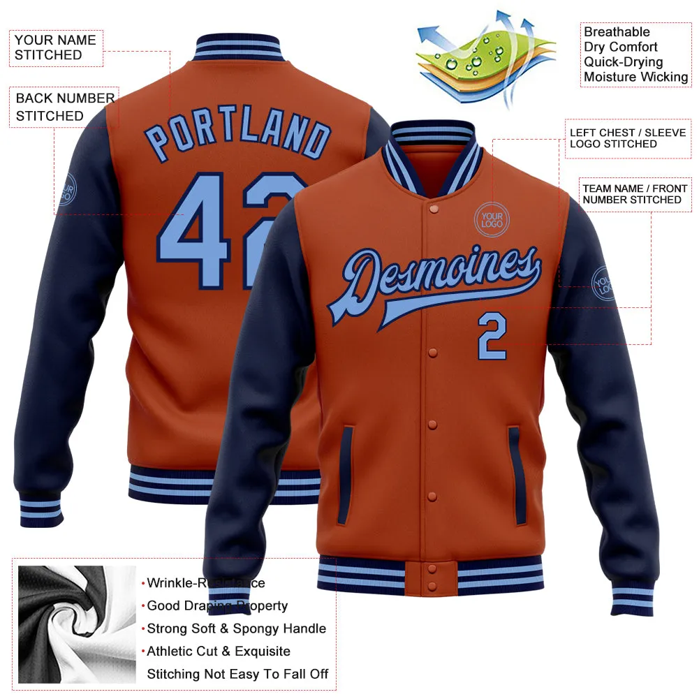 Custom Texas Orange Light Blue-Navy Bomber Full-Snap Varsity Letterman Two Tone Jacket