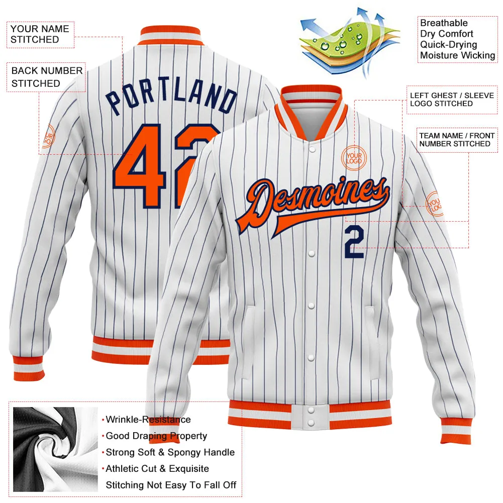 Custom White Navy Pinstripe Orange-Navy Bomber Full-Snap Varsity Letterman Jacket