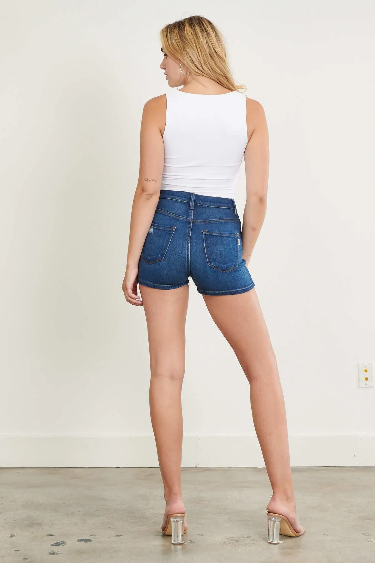 Distressed Dark Stone Denim Shorts