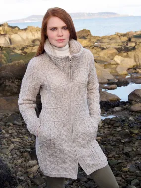 DOUBLE COLLAR MERINO ARAN COAT WITH CELTIC KNOT ZIPPER