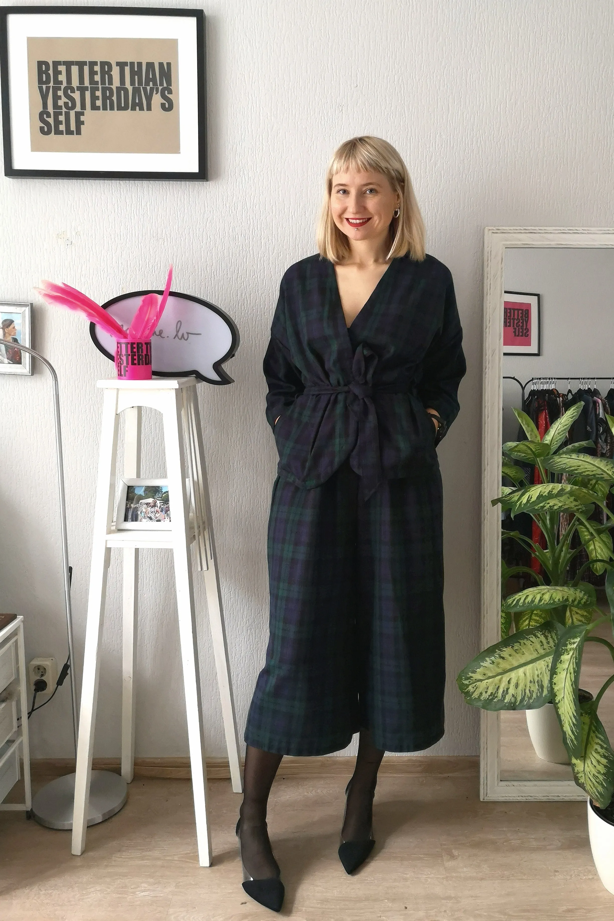 Elegant and Super Cool Wool Blend Tartan suit With Wide Culottes and Kimono Style Jacket