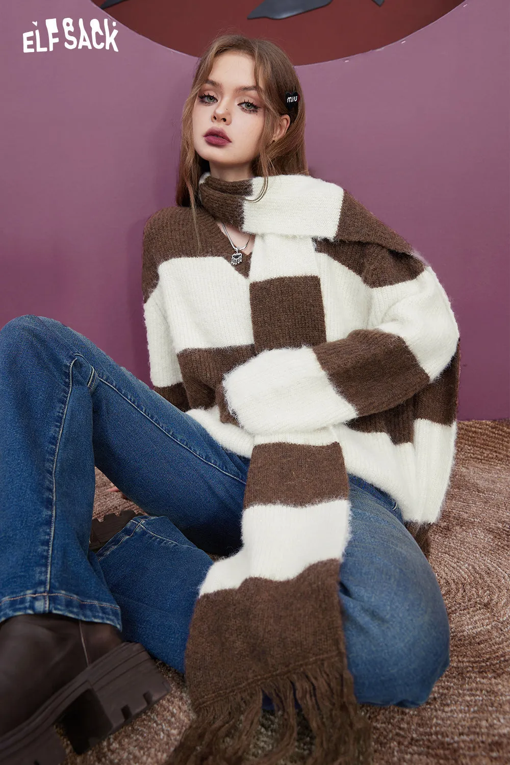 ELFSACK Free Scarf Striped Mohair Warm Sweater Women 2023 Winter Academic Style Loose Knitwears