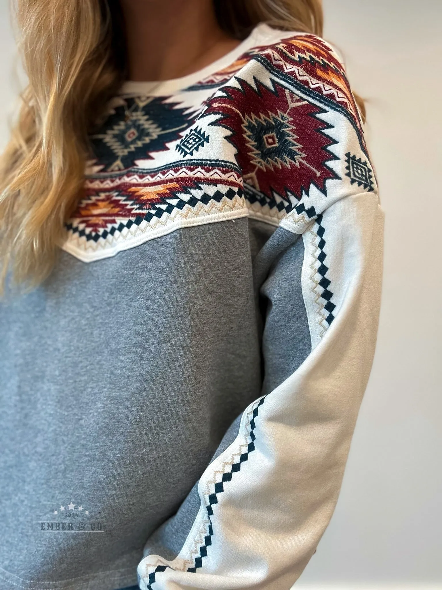 Embroidered Aztec Crewneck