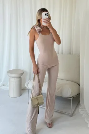 Esme nude ruched strap vest and flared pants co-ord