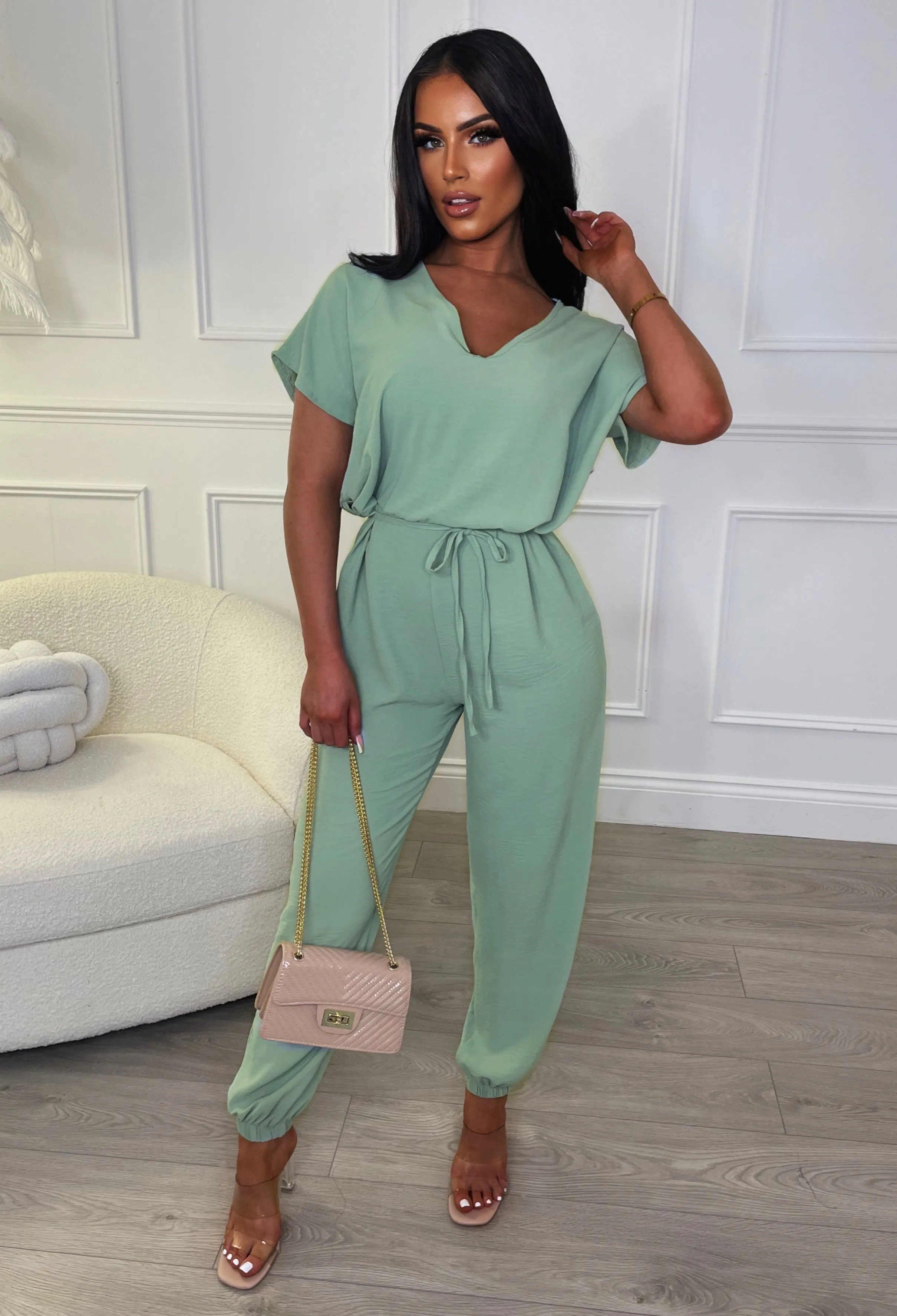 Everyday Elegance Green Elasticated Hem Belted Jumpsuit