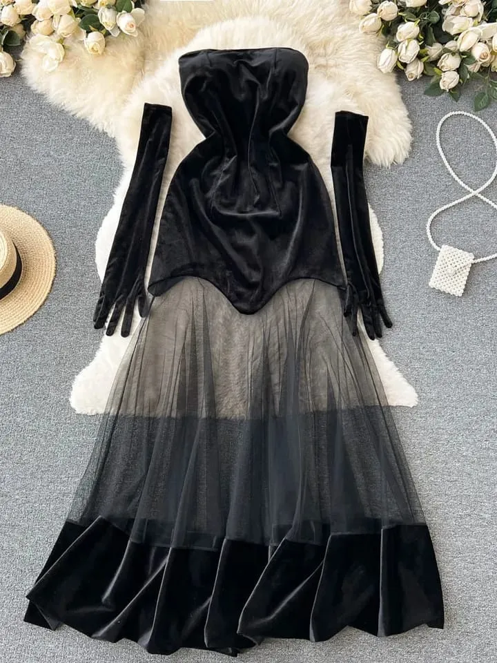 Fall Winter Velvet Party Dress Sexy Strapless Slim Bodycon Long Dress Women Perspective Mesh Patchwork Robes Femme With Gloves L S4793509