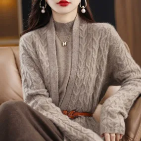 Fashionkova  2022 Autumn Winter New Cashmere Sweater Long Coat Loose Coat Wool Knit Cardigan Women's Plain Color Twist Sweater