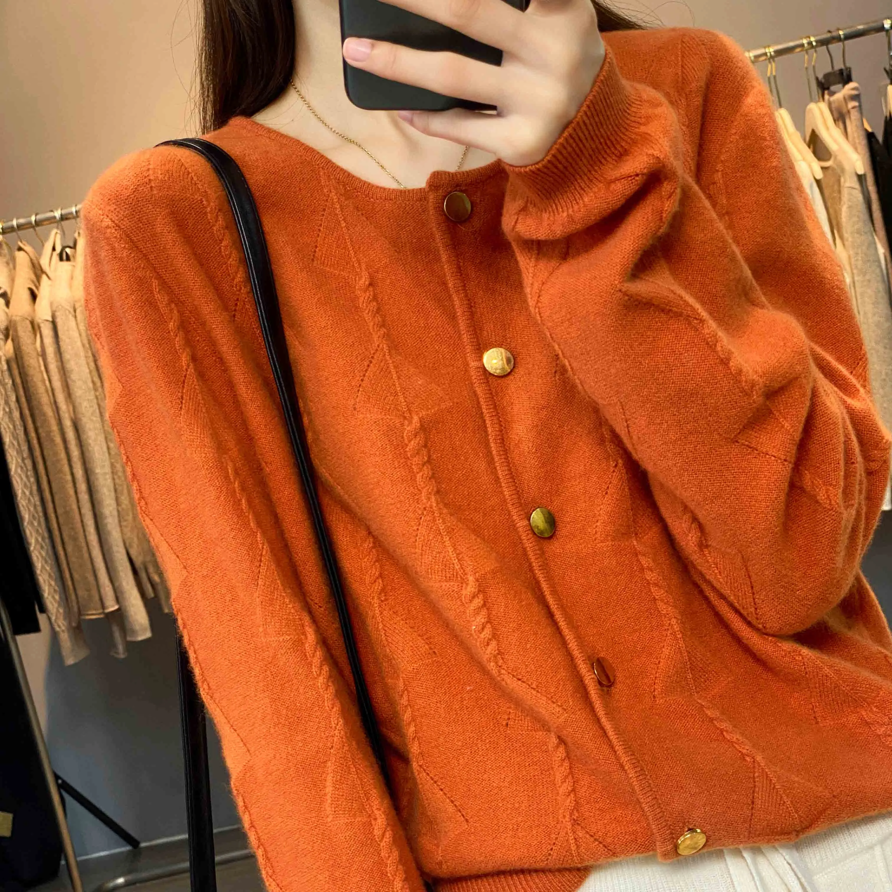 Fashionkova  2022 Spring And Autumn New Pure Wool Cardigan Women's Fashion Round Neck Single Breasted Long Sleeve Sweater Coat In Solid Color