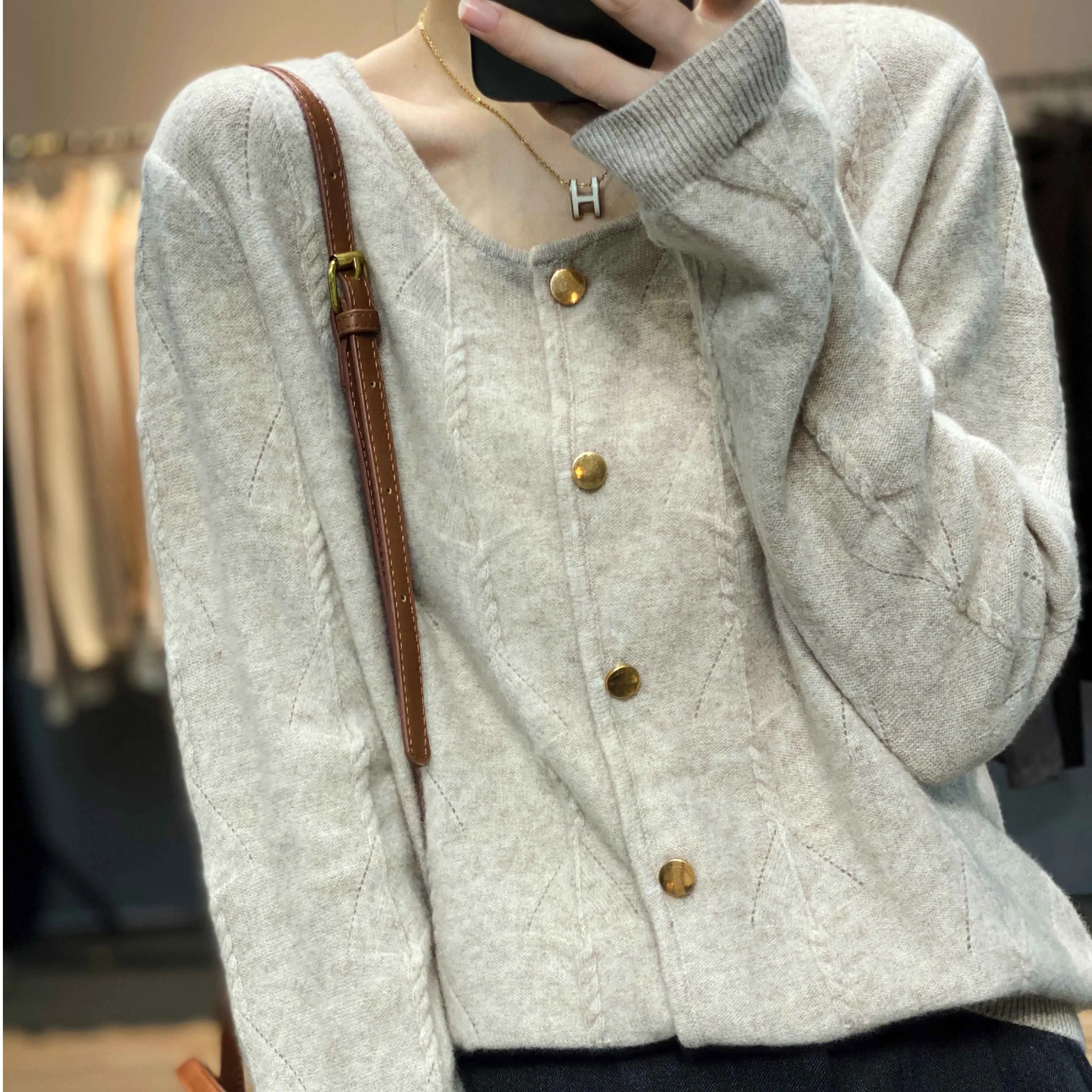 Fashionkova  2022 Spring And Autumn New Pure Wool Cardigan Women's Fashion Round Neck Single Breasted Long Sleeve Sweater Coat In Solid Color