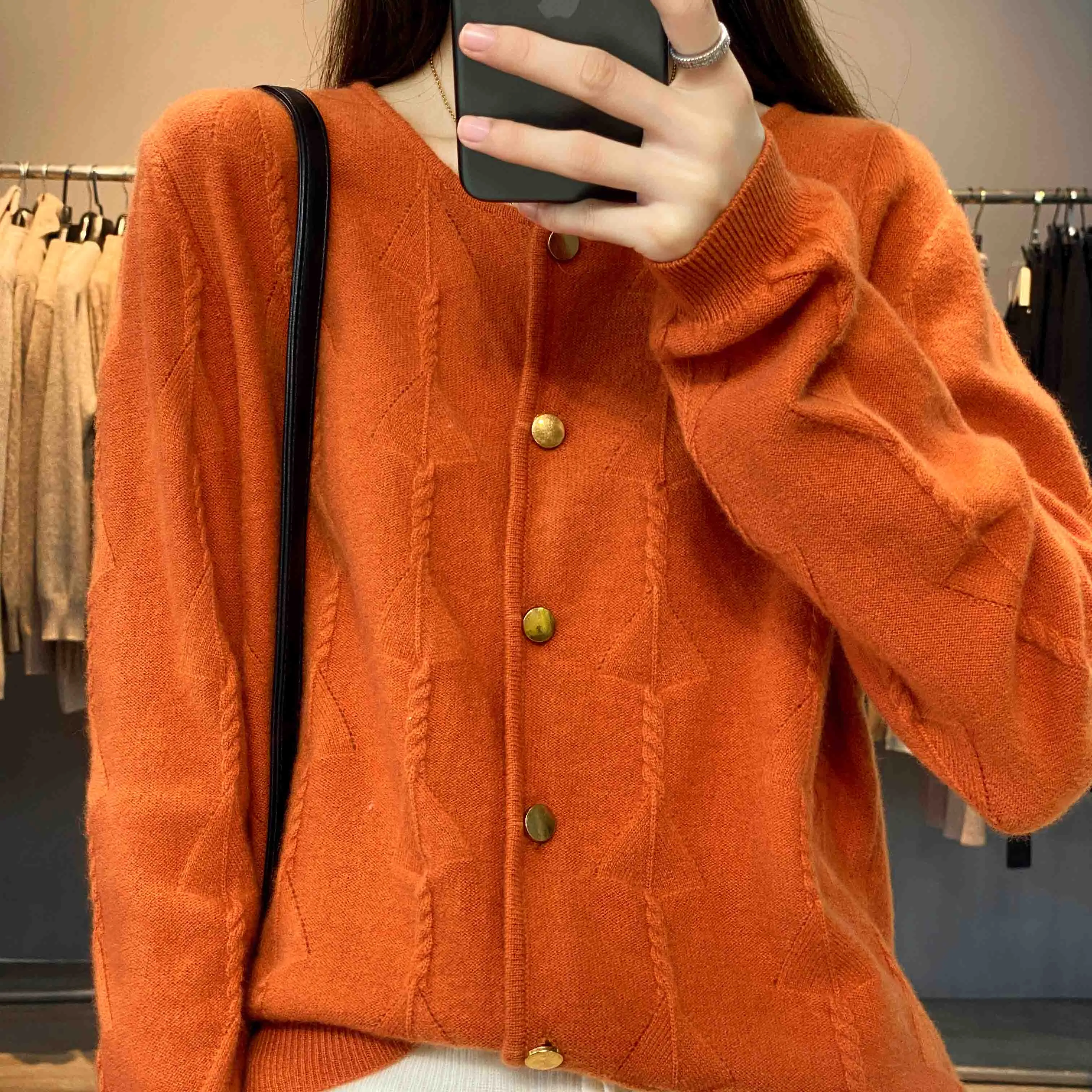 Fashionkova  2022 Spring And Autumn New Pure Wool Cardigan Women's Fashion Round Neck Single Breasted Long Sleeve Sweater Coat In Solid Color