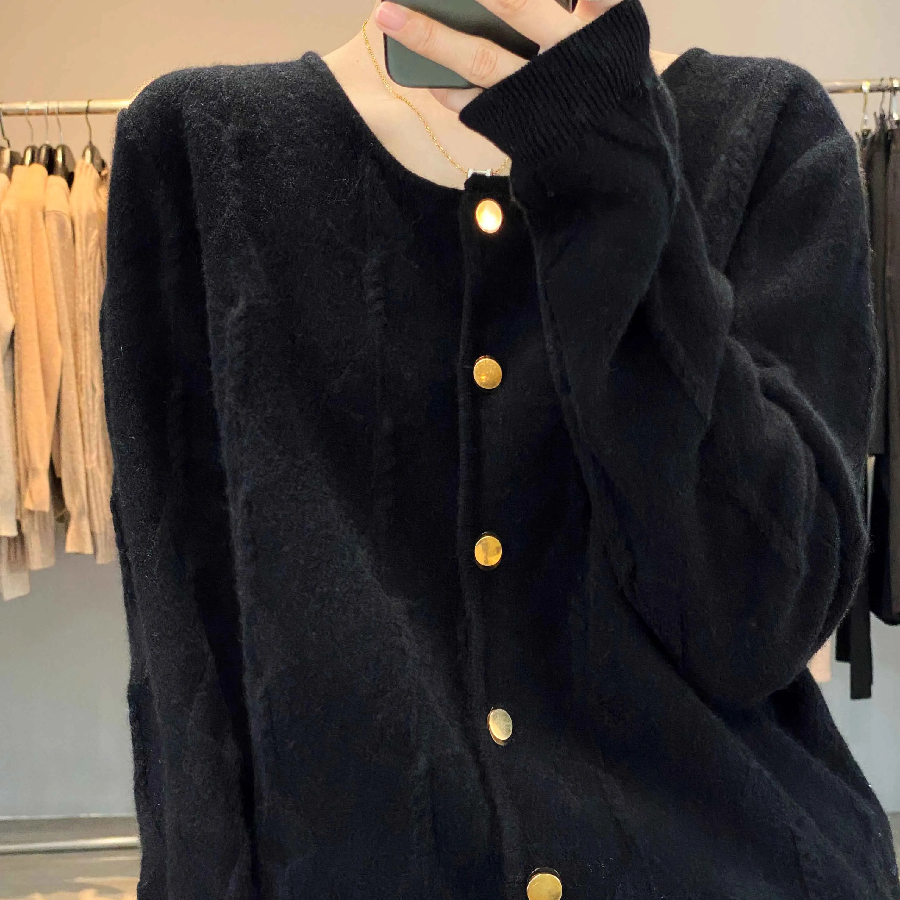 Fashionkova  2022 Spring And Autumn New Pure Wool Cardigan Women's Fashion Round Neck Single Breasted Long Sleeve Sweater Coat In Solid Color