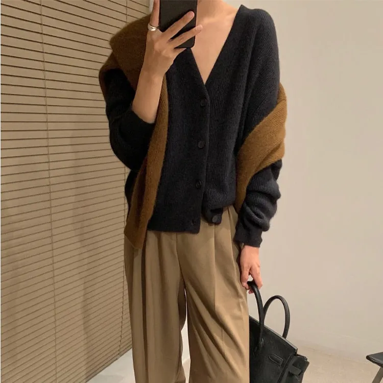 Fashionkova  Autumn Winter New Cashmere Cardigan Women V-Neck Korean Blouse With Loose Languid Sweater Solid Color Coat