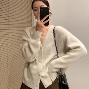 Fashionkova  Autumn Winter New Cashmere Cardigan Women V-Neck Korean Blouse With Loose Languid Sweater Solid Color Coat