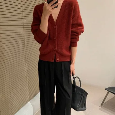 Fashionkova  Autumn Winter New Cashmere Cardigan Women V-Neck Korean Blouse With Loose Languid Sweater Solid Color Coat