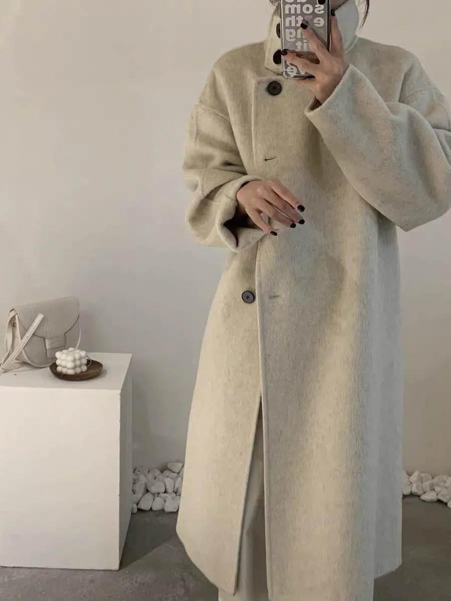 Fashionkova birkenstock clogs outfit fall 2024 New Korean Style Stand Collar Single-Breasted Double-Sided Cashmere Coat Mid-Length Autumn and Winter Thickened Wool Coat for Women