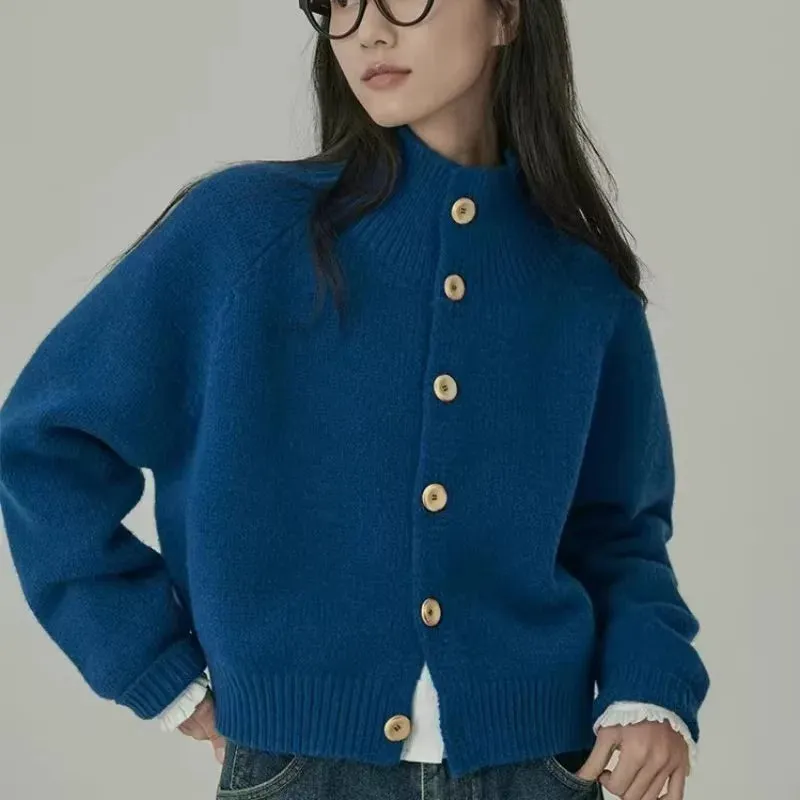 Flytonn-Stand collar 100%pure cashmere sweater women's thick loose knit vintage wool sweater coat sweater