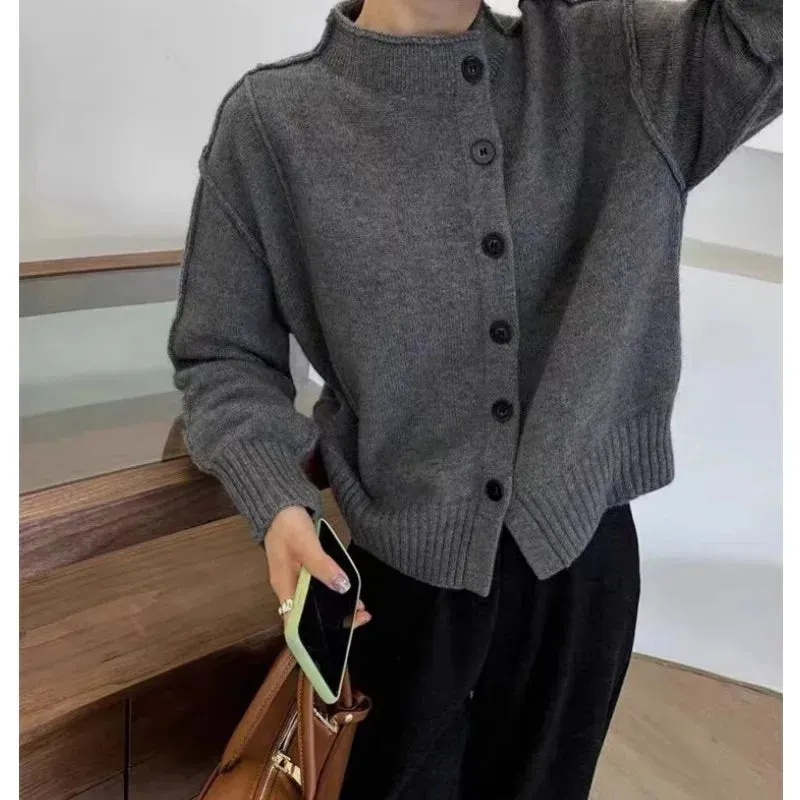 Flytonn-Temperament stand collar 100%pure cashmere knit cardigan women autumn and winter loose thick sweater slim wool coat