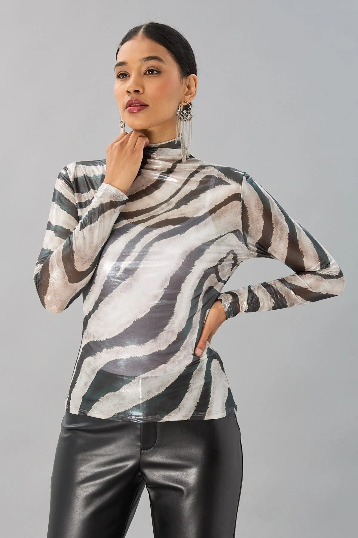 Foil Zebra Mesh Turtleneck