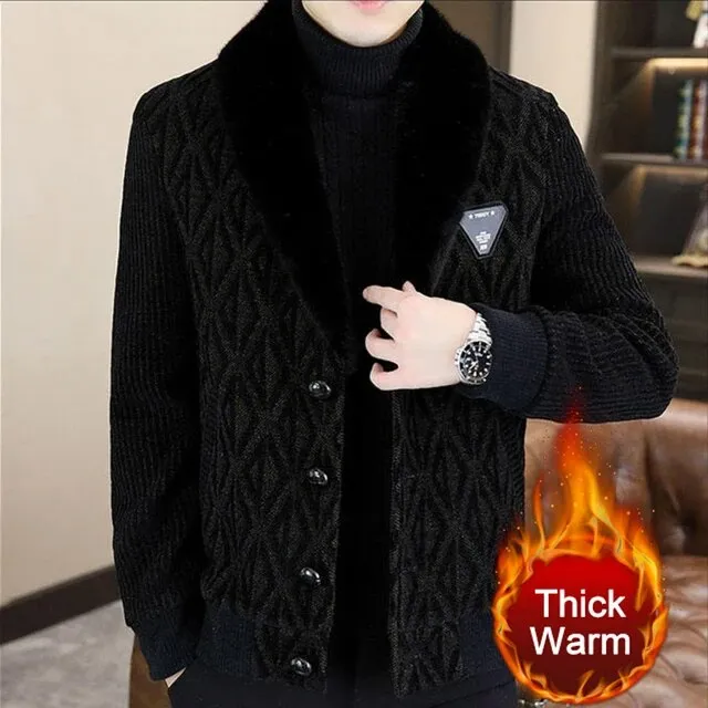 Geometric Pattern Fur Flip Collar Jacket