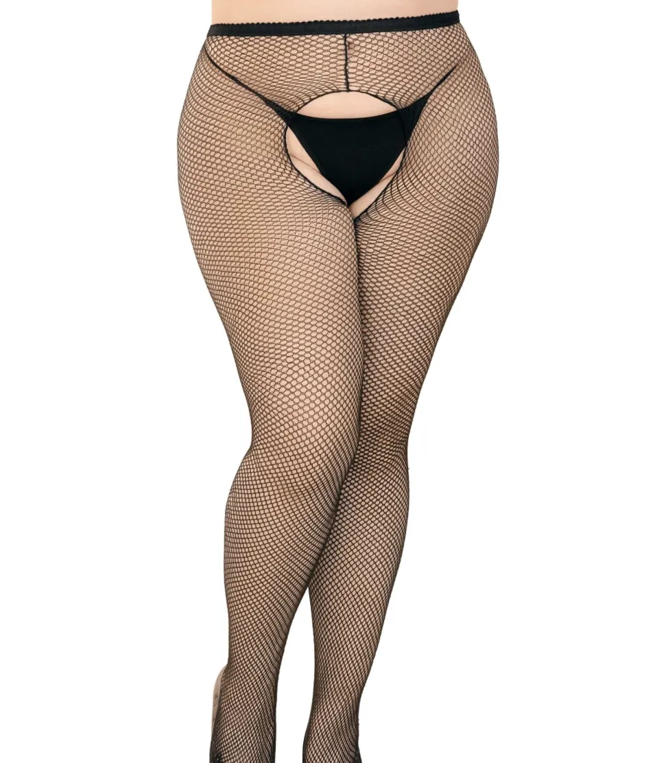 Ginny Fishnet Crotchless Pantyhose - Plus (Black)