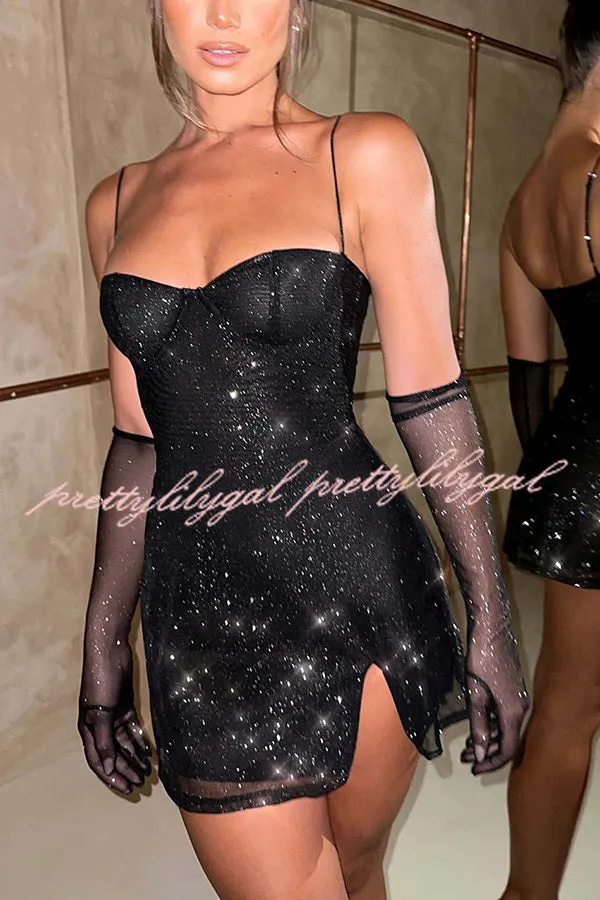 Glow At Night Glitter Fabric Slip Slit Mini Dress with Mesh Gloves