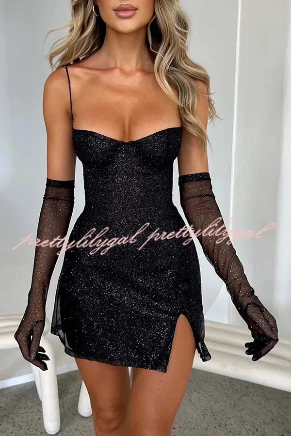 Glow At Night Glitter Fabric Slip Slit Mini Dress with Mesh Gloves