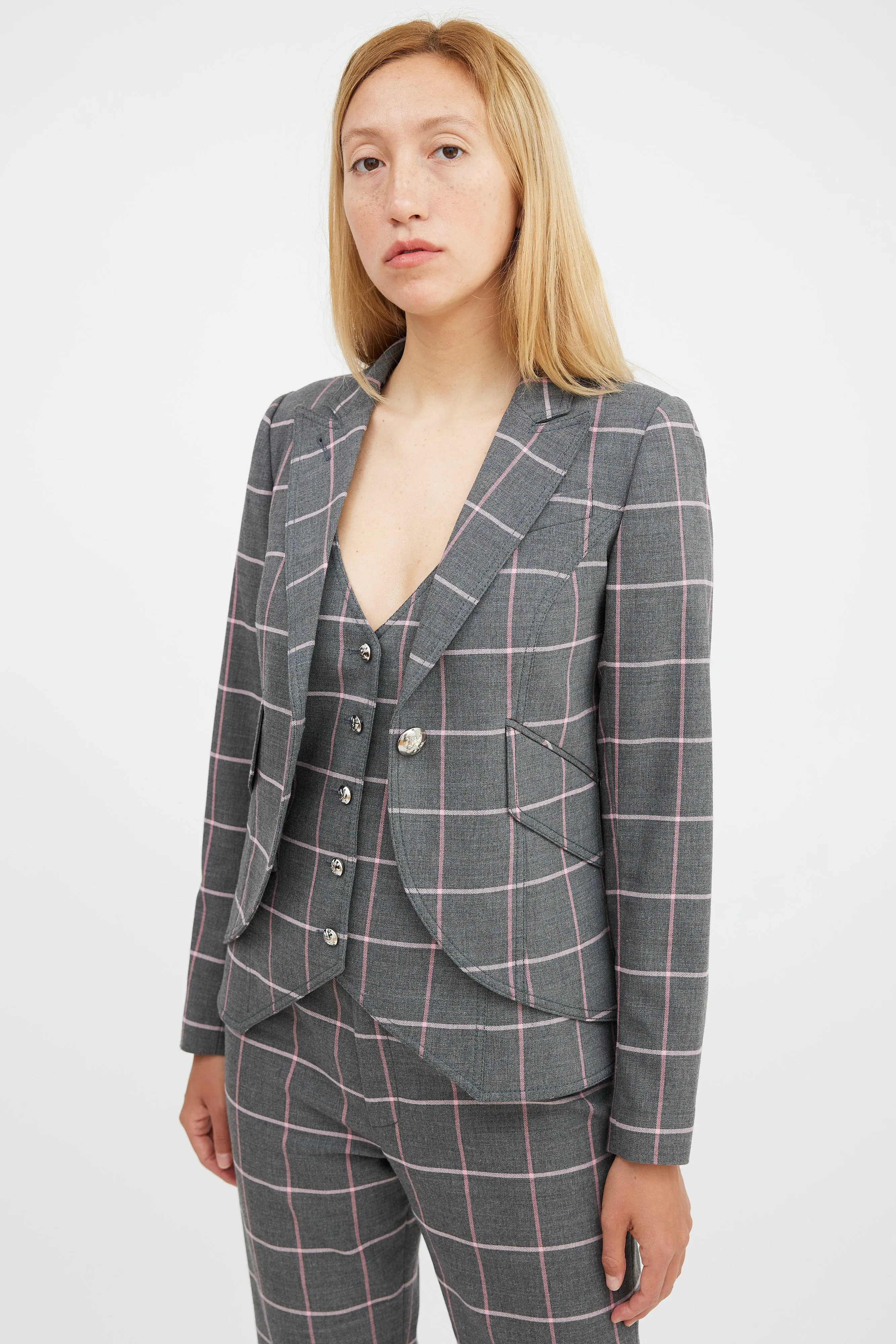 Grey & Pink Plaid Three Piece Suit