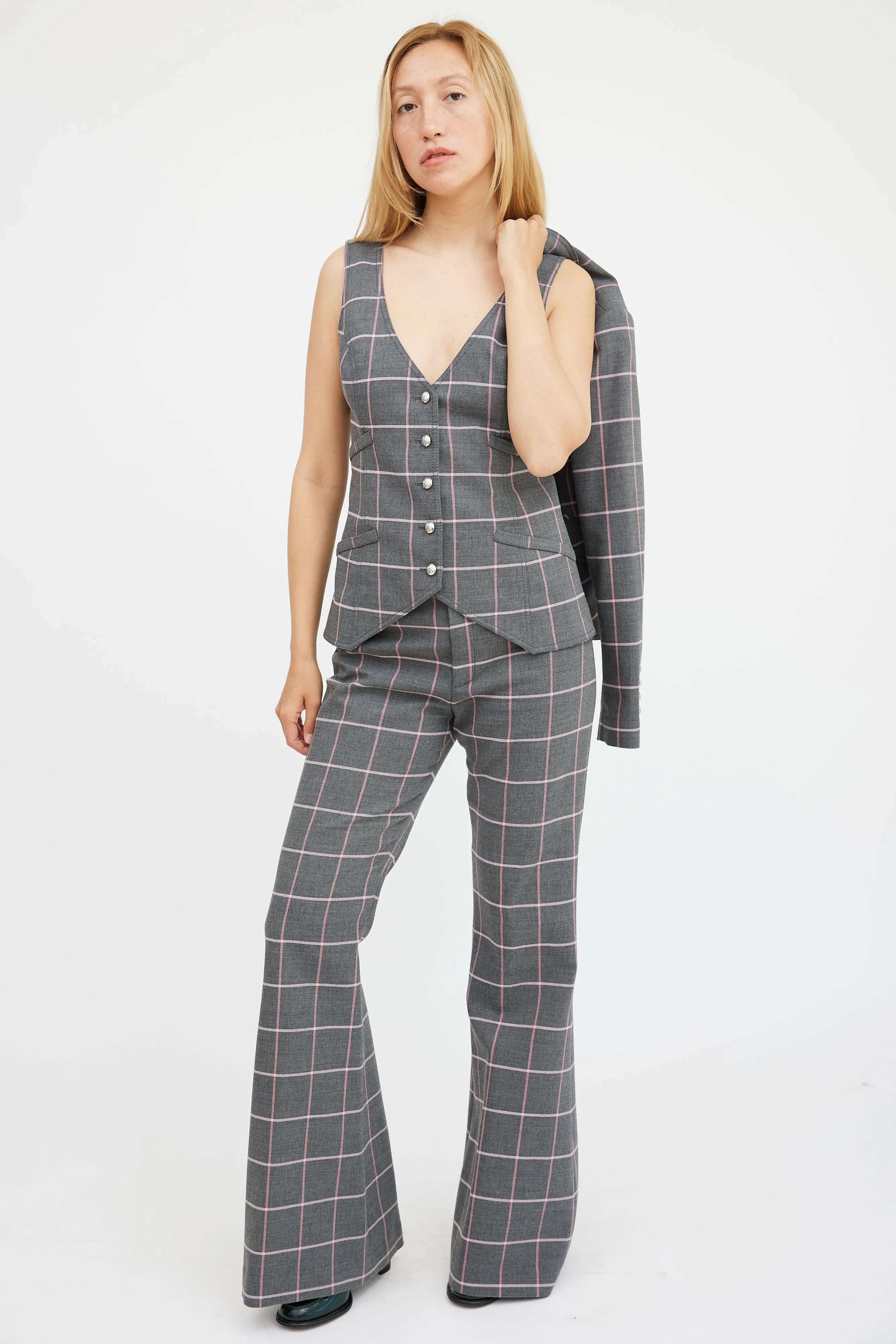 Grey & Pink Plaid Three Piece Suit