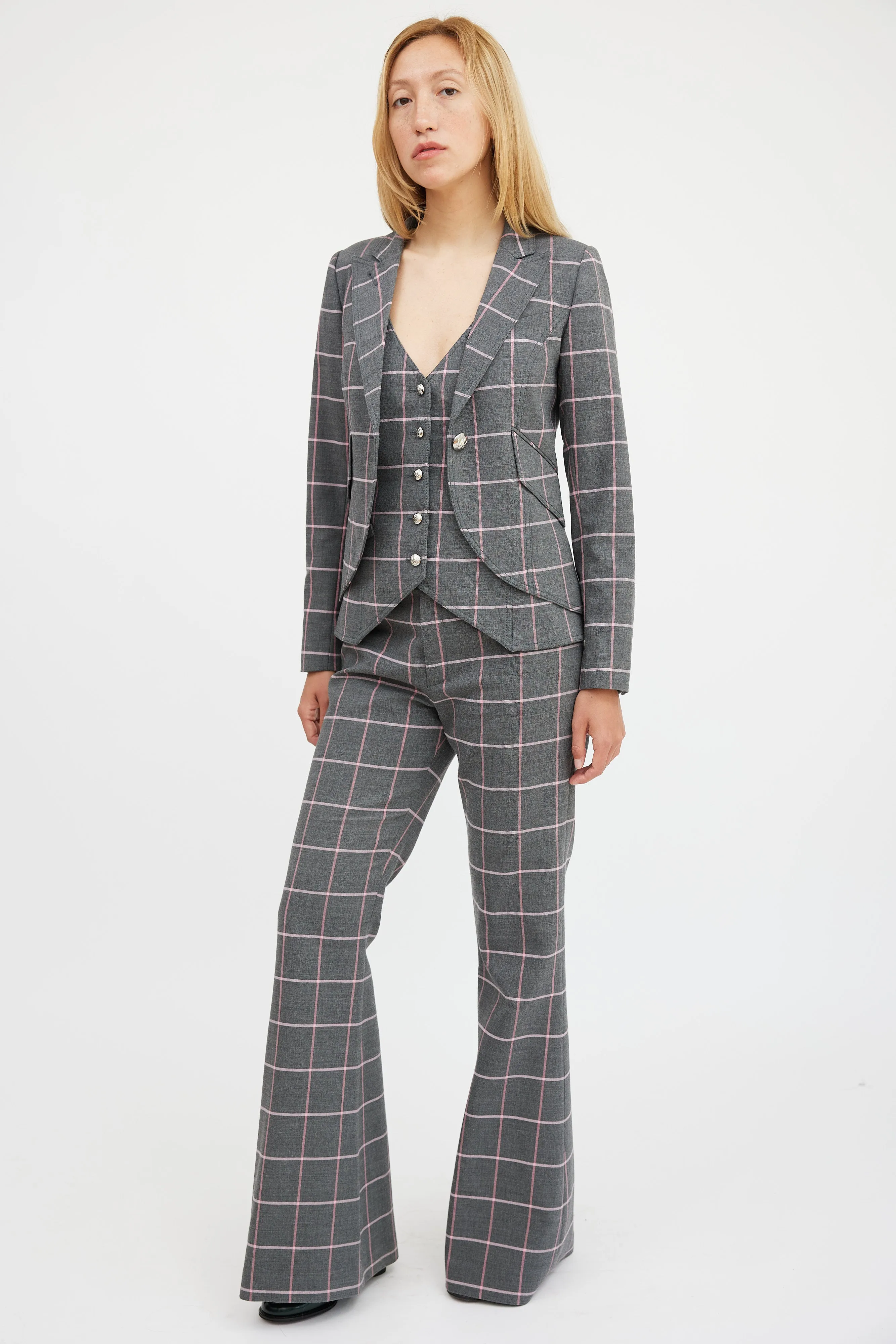 Grey & Pink Plaid Three Piece Suit