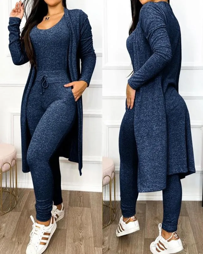 Heather Grey 2 Piece Plus Size Duster & Drawstring Catsuit Jumpsuit Set