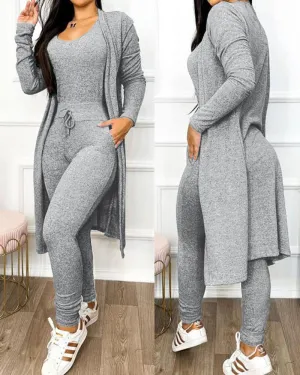 Heather Grey 2 Piece Plus Size Duster & Drawstring Catsuit Jumpsuit Set