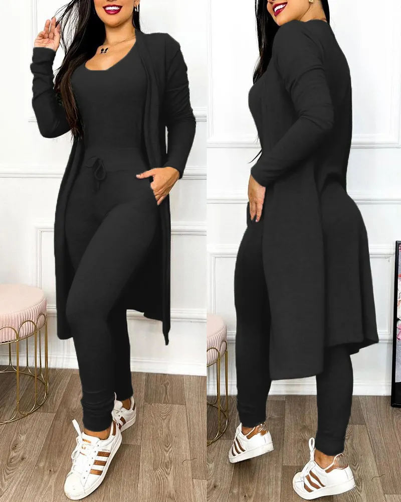 Heather Grey 2 Piece Plus Size Duster & Drawstring Catsuit Jumpsuit Set