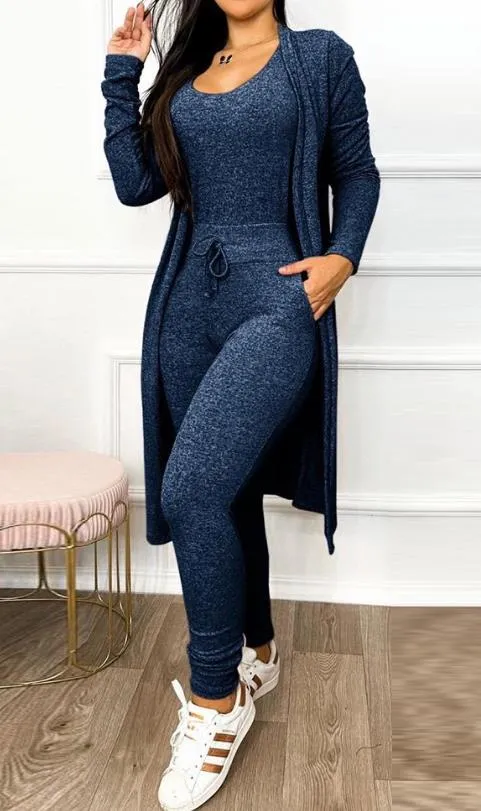 Heather Grey 2 Piece Plus Size Duster & Drawstring Catsuit Jumpsuit Set