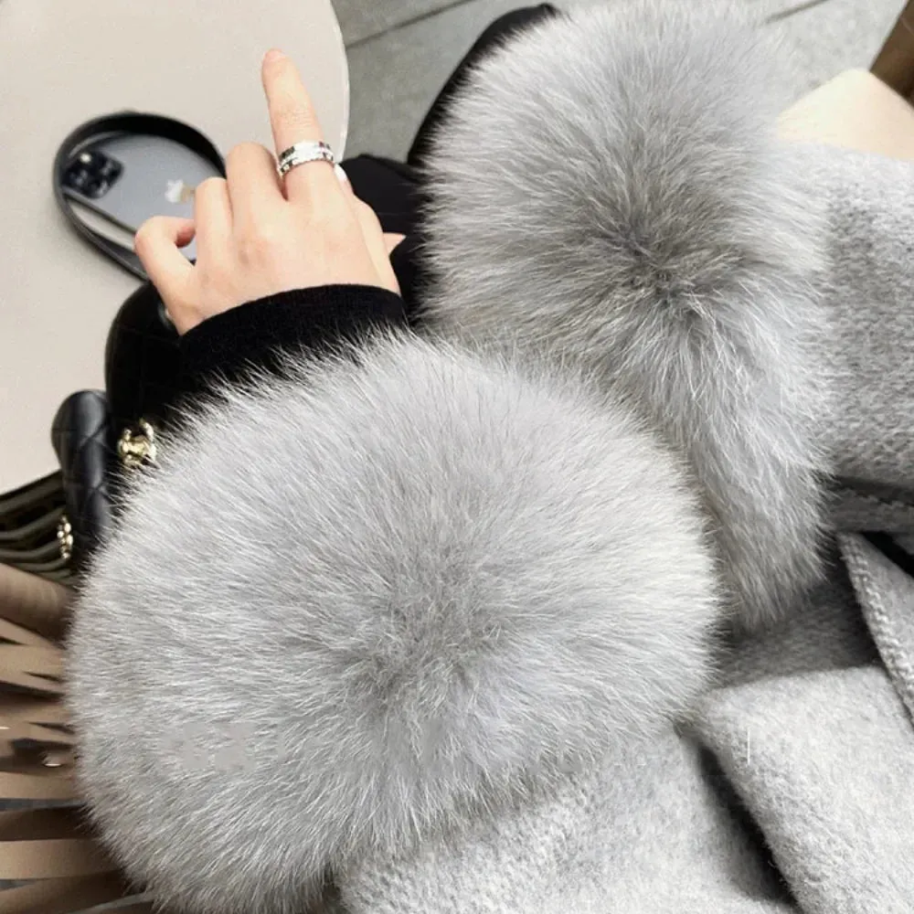 Hnewly winter dinner outfits High End Double-sided Wool Strapping Real Wool Fur Coat Women's Removable Cuffs Fox Fur Temperament Cashmere Short Jacket