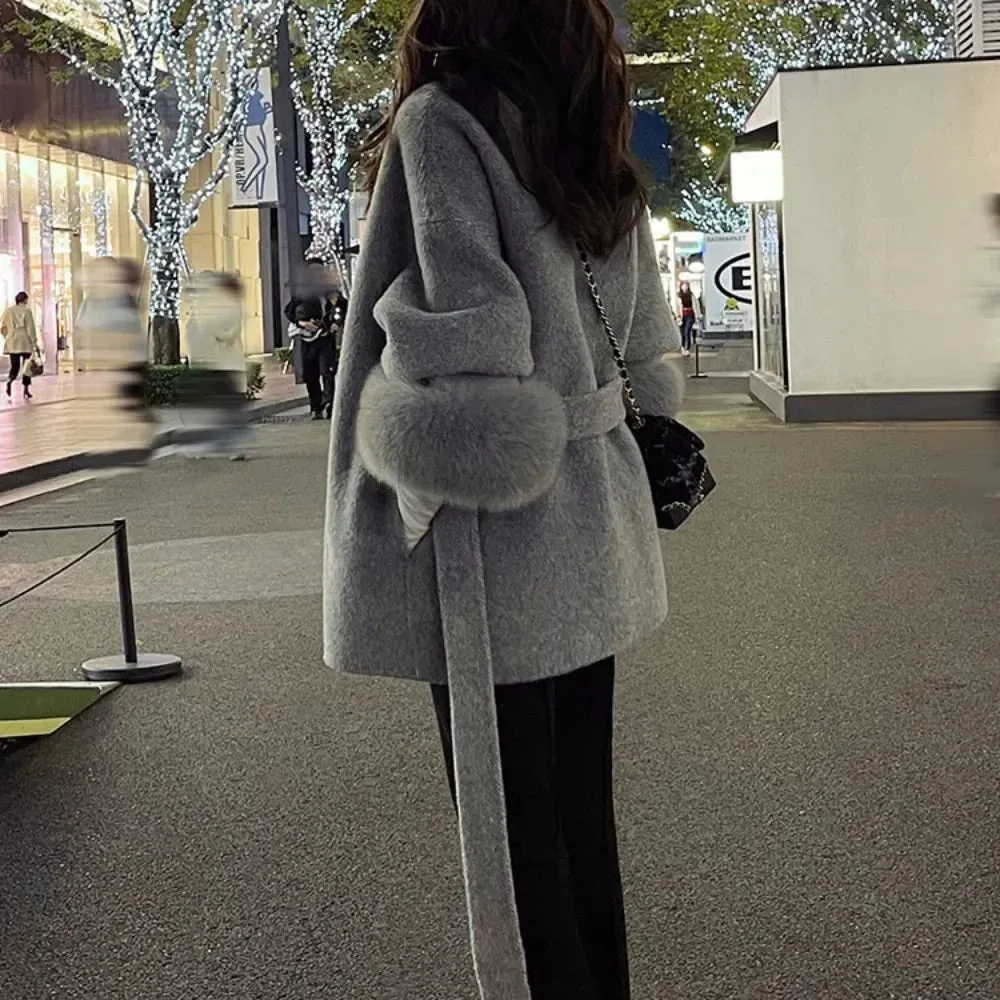 Hnewly winter dinner outfits High End Double-sided Wool Strapping Real Wool Fur Coat Women's Removable Cuffs Fox Fur Temperament Cashmere Short Jacket