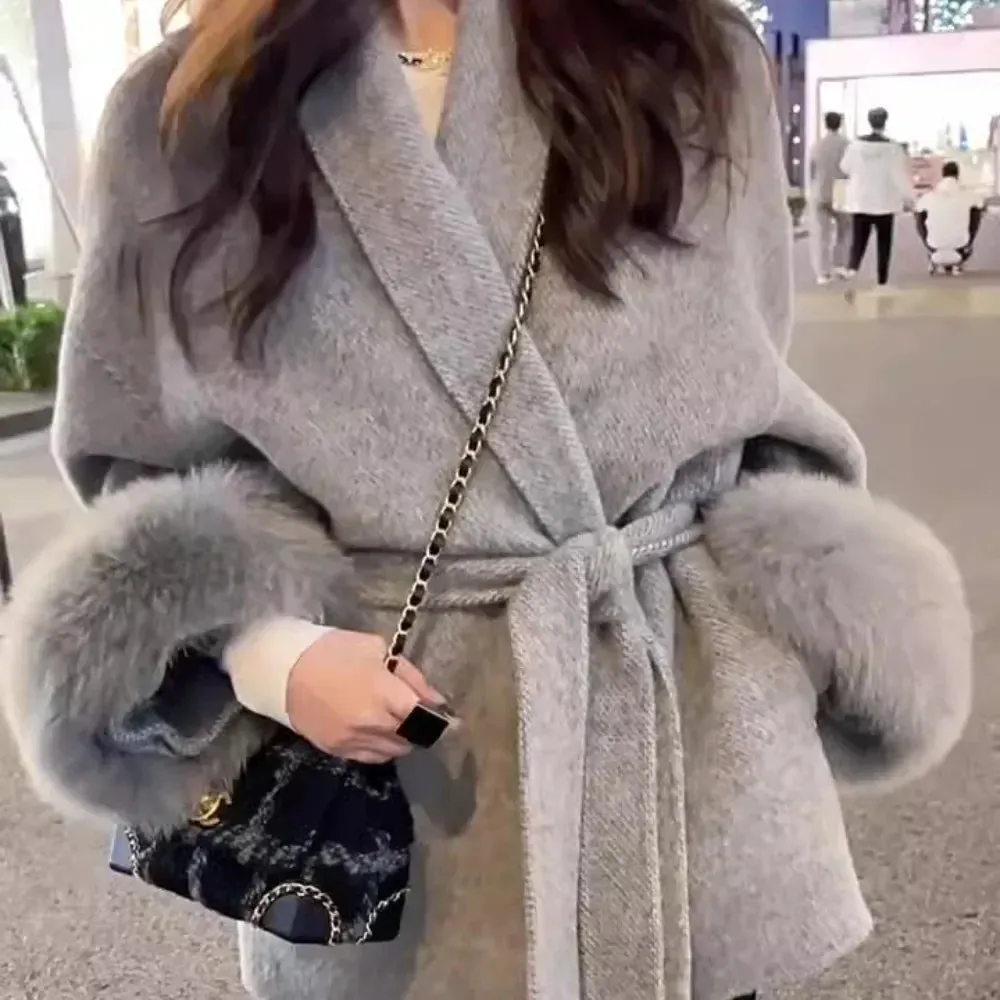 Hnewly winter dinner outfits High End Double-sided Wool Strapping Real Wool Fur Coat Women's Removable Cuffs Fox Fur Temperament Cashmere Short Jacket