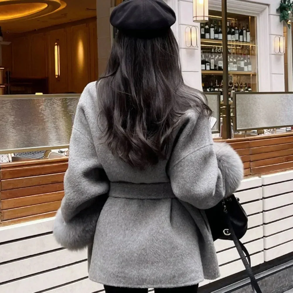 Hnewly winter dinner outfits High End Double-sided Wool Strapping Real Wool Fur Coat Women's Removable Cuffs Fox Fur Temperament Cashmere Short Jacket